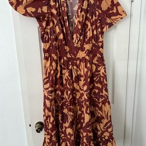 Anthropologie Maroon and Mustard Midi Dress